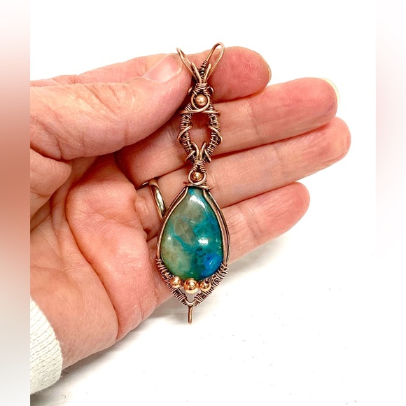 HANDCRAFTED Chrysocolla Hand Wrapped Oxidized Pure Copper Statement Pendant - Picture 3 of 10